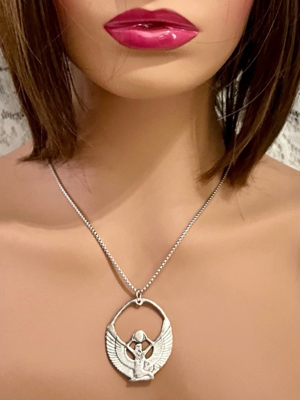 Vintage Winged Goddess Silver Filled Cameo 18in Silver Tone Chain Necklace
